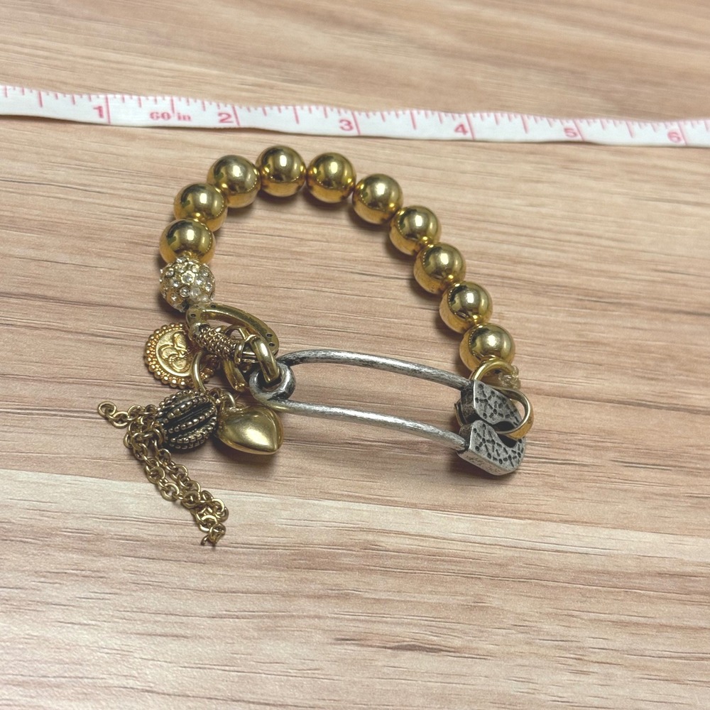 Jessica‎ Simpson Gold Silver Tone Safety Pin Charm Bracelet Heart Tassel Chunky